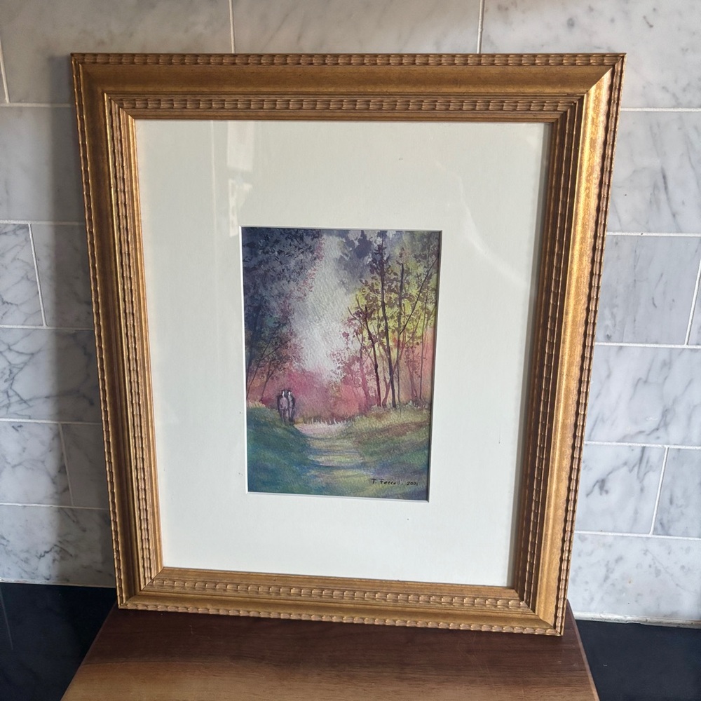 Vintage Framed and Signed Original Watercolour Painting of 2 Figures in a Forest